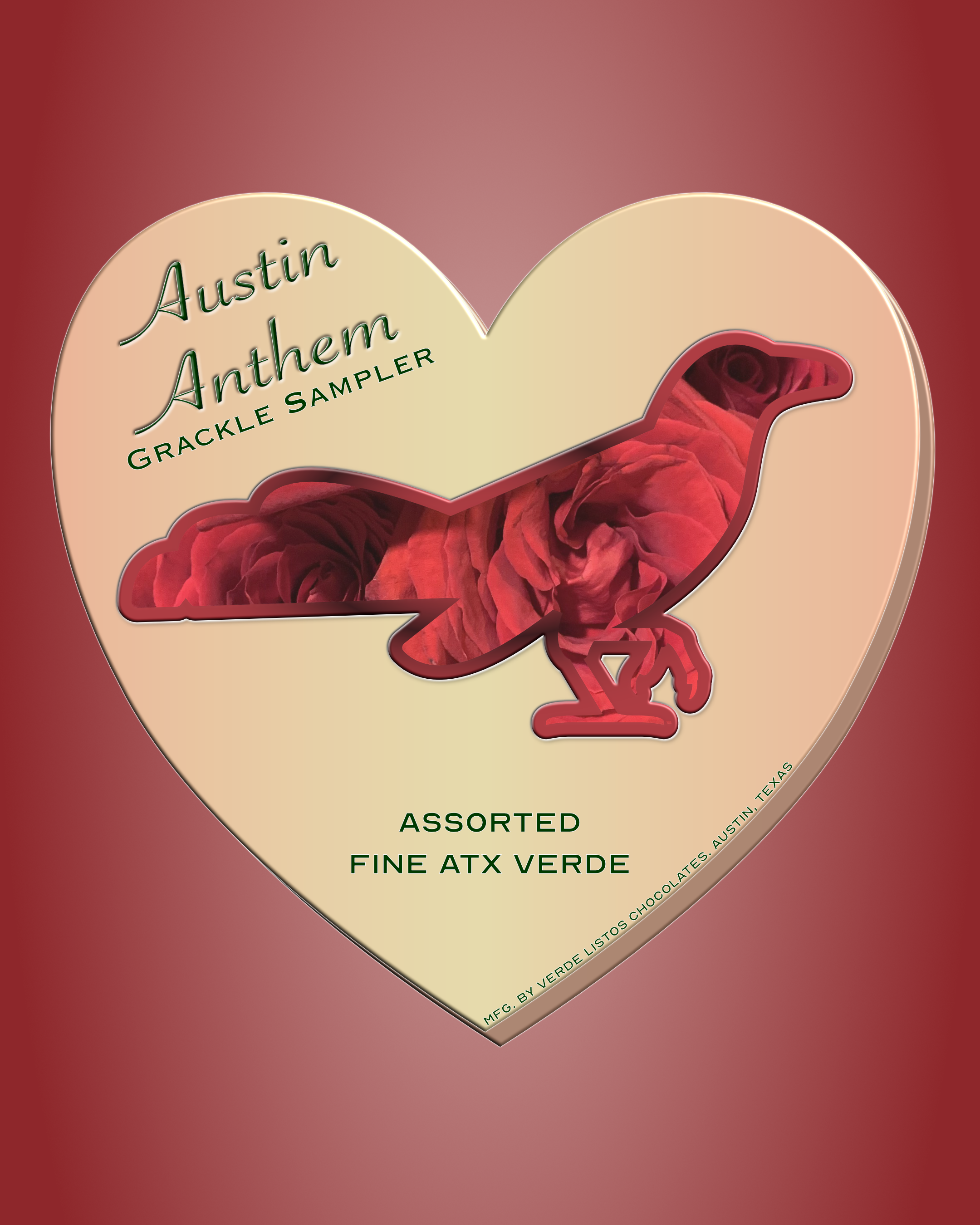 A heart shaped box of chocolates with a grackle on the cover.